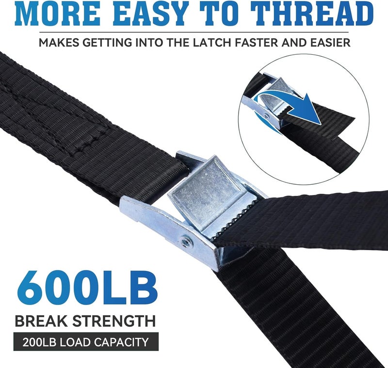 BRUTEBOSE أحزمة ربط، 1" × 10 قدم حزام ربط قابل للتعديل مع مشبك كام لتأمين الأمتعة، عبوة 4 قطع، أحزمة تعبئة ثقيلة للأحمال/الأمتعة/الكاياك/الشاحنة/SUV/حامل السقف للسيارة - Image 3